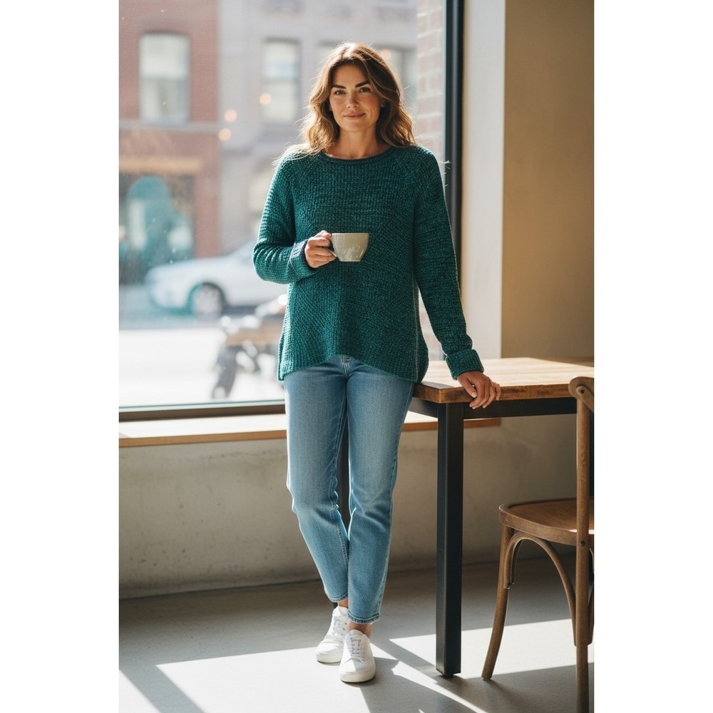 Style & Co. Pointelle Knit Sweater Womens‎ PS Petite Green Textured Pullover